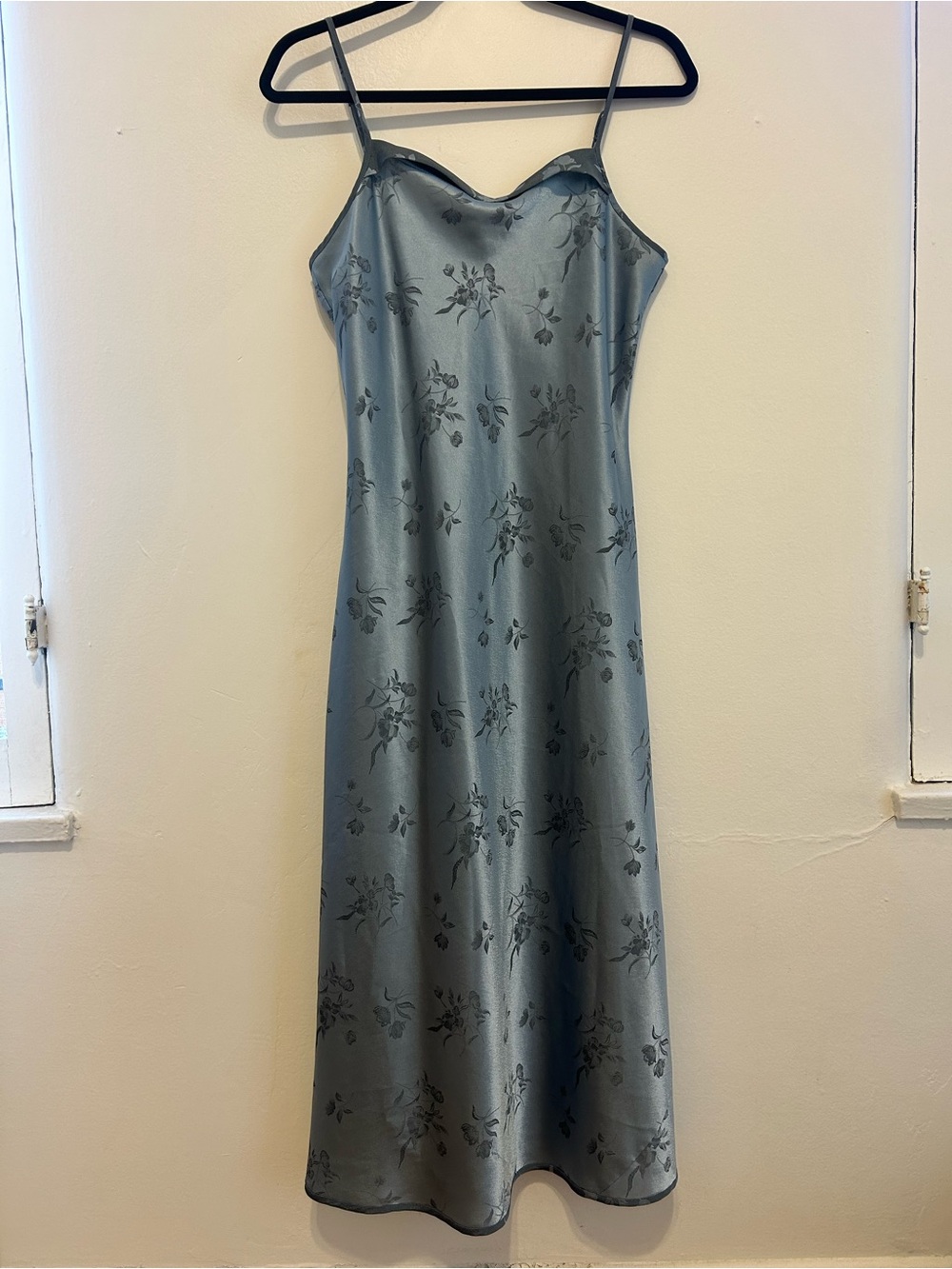 Jones New York Steel Blue Satin Floral Slip Maxi Dress